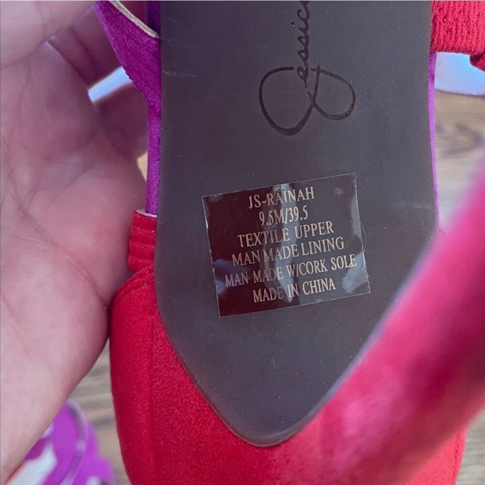 Jessica Simpson Strappy Rainah Red and Purple Faux Suede Heels Size 9.5 - Picture 11 of 11